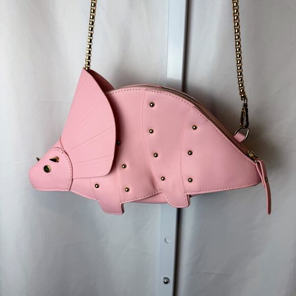 Pink Triceratops Dinosaur Crossbody Bag Studded Faux Leather Novelty Purse Gold - Picture 1 of 5